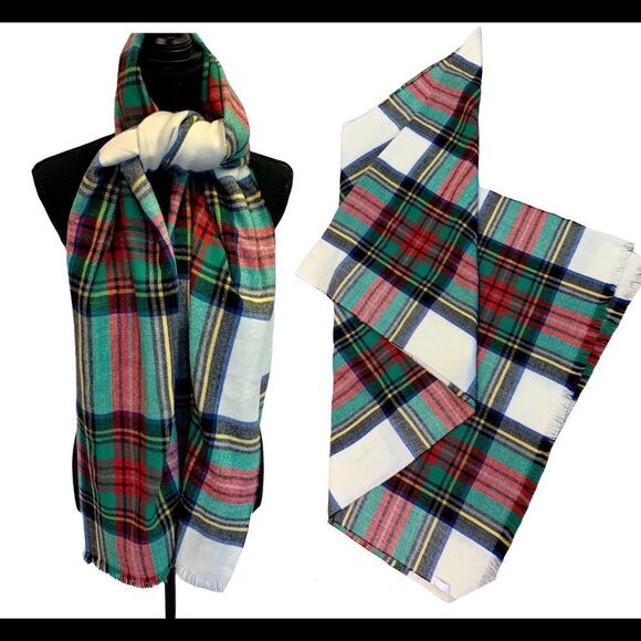 RED green black yellow ivory plaid check soft fall winter blanket scarf - Picture 1 of 5